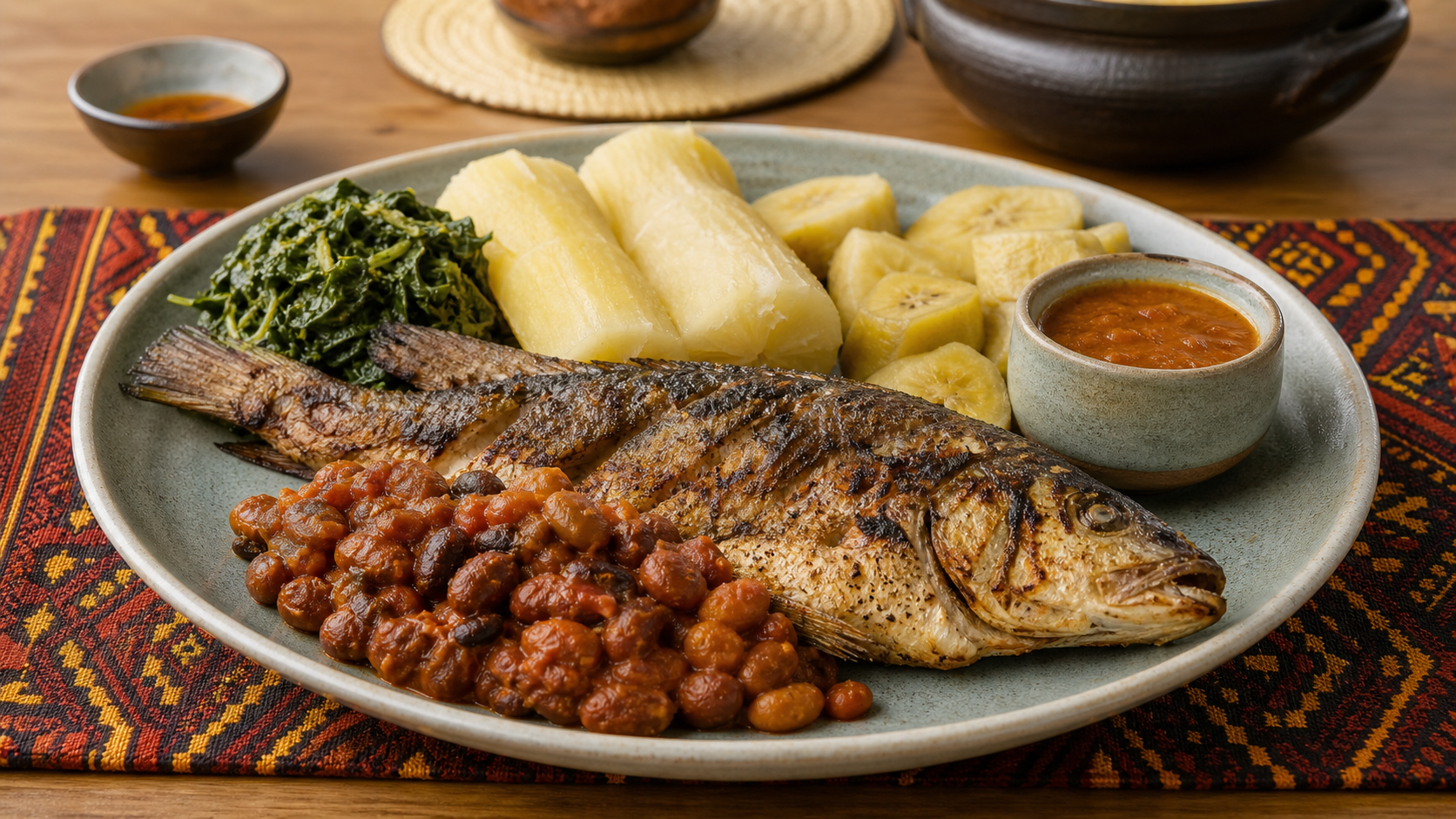 Mufete, a traditional Angolan dish with grilled fish and local sides