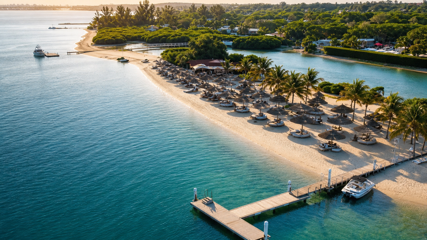 Aerial view of Mussulo Island beach, lagoon, palm-shaded shoreline, and private boat dock near Luanda